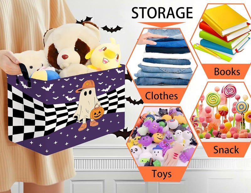 BOOHIT Large Halloween Themed Candy Gift Boo Basket for Kids Baby Personalized Adults Storage Bin Fall Decor(Baseball Hat Grid Spooky) - Image 4